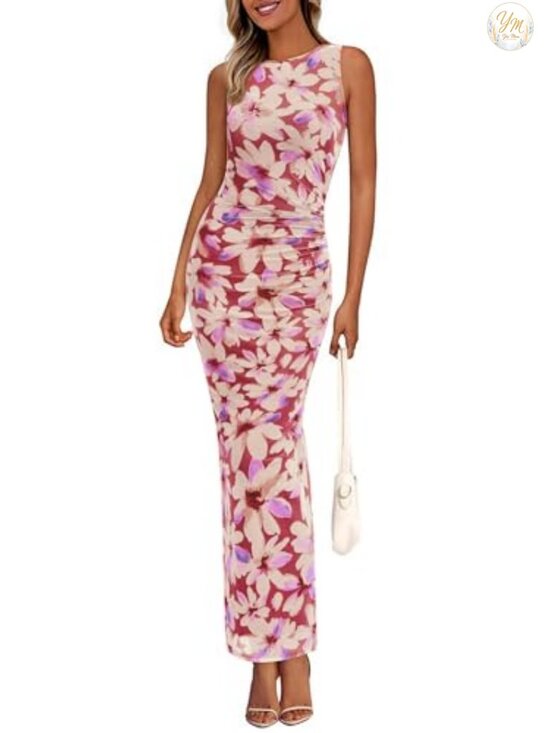 Dresses & Skirts - Sleeveless Ruched Bodycon Maxi Dress Women Formal Floral Mesh Long Dress